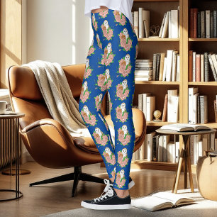 Legging Coruja-Celeiro Azul Flores Rosa