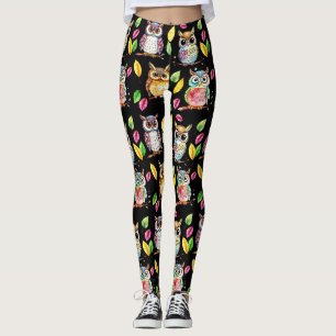 Legging Corujas Coloridas de Madeira e Folhas de Água