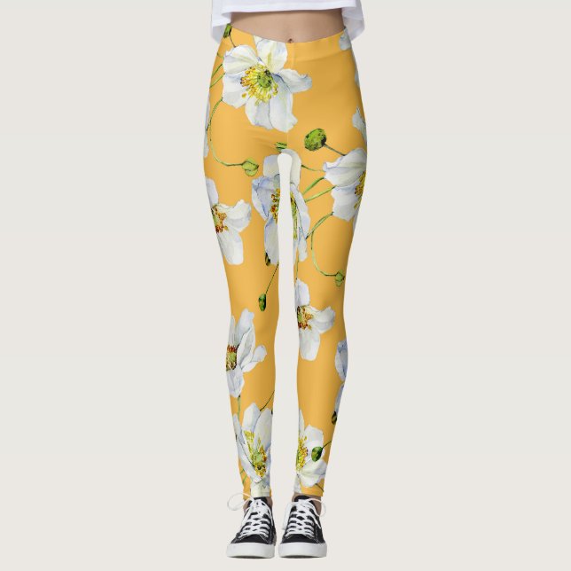 Legging Cosmos, aquarela, uniforme, padrão floral. (Frente)