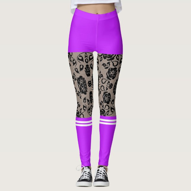 Legging Cotovelas-meia-roxas, roxas, de renda preta (Frente)