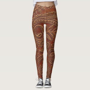Legging Couro castanho, padrão floral de ferramentas.