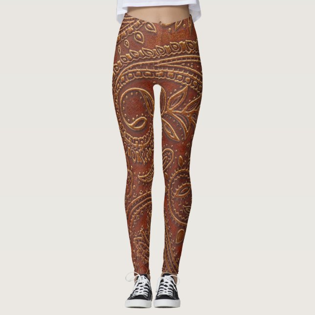 Legging Couro castanho, padrão floral de ferramentas. (Frente)