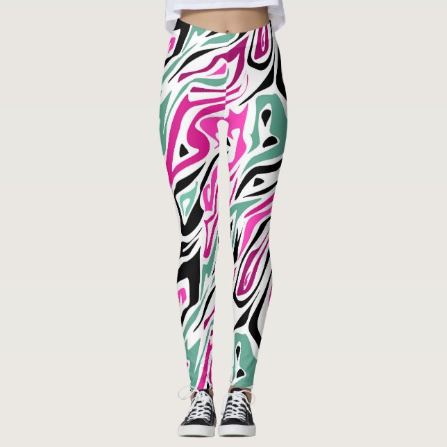 Legging Couro-zebra abstrato sem costura, preto moderno (Frente)