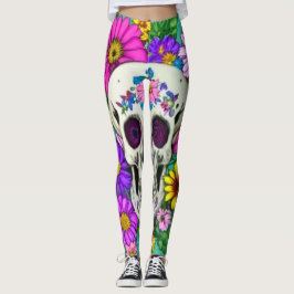 Legging crânio colorido com flores 