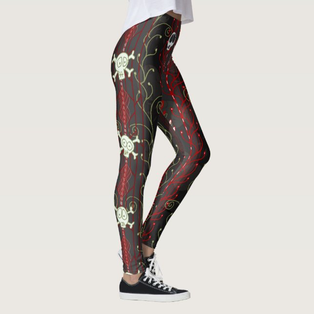 Legging Crânio Positivo, Estético Gótico, Vermelho, Negro (Direita)