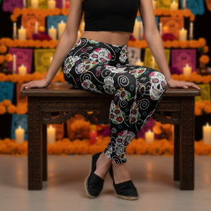 Legging Cránios de Açúcar e Espirais Preto ID725