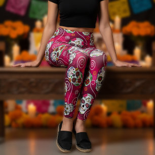 Legging Cranios de Açúcar e Espirais Rosa Vermelho ID725