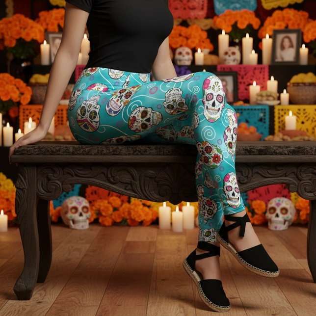 Legging Cránios de Açúcar e Espirais Turquesa ID725 (Criador carregado)