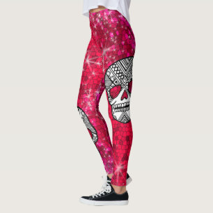 Legging Crânios De Açúcar Ruby Red Rhinestone Sequênci