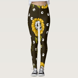 Legging Crânios De Girassol: Padrão Único Sem Olho.