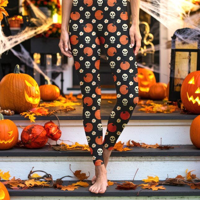 Legging Crânios de Halloween, Abóboras e Flores Preto (Criador carregado)