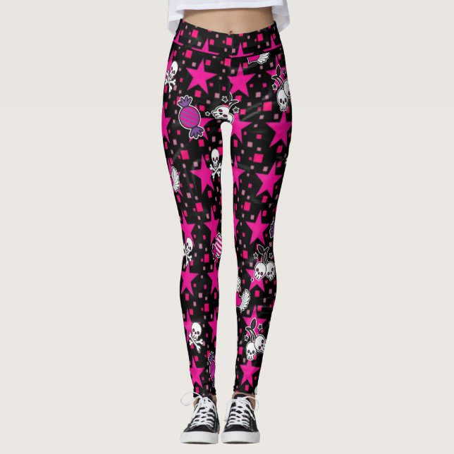 Legging Crânios do punk e teste padrão dos doces em (Frente)