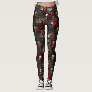 Legging Crânios e Rosa Vermelha Trepadeira