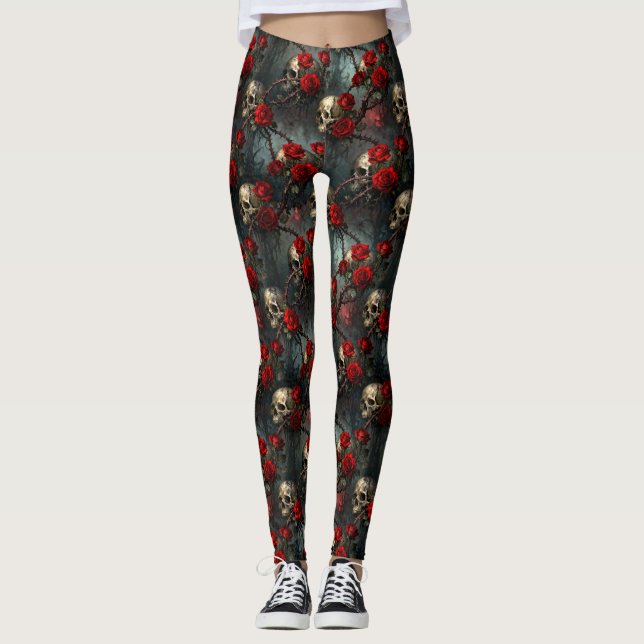 Legging Crânios e Rosa Vermelha Trepadeira (Frente)