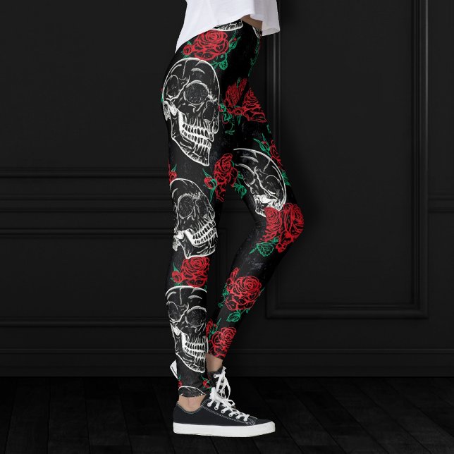 Legging Crânios e Rosas vermelhas | Grelha Gótica Moderna (Criador carregado)
