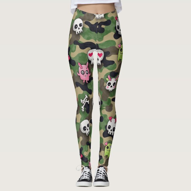 Legging Crânios Estilizados Com Camo De Olhos Cardíacos (Frente)