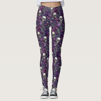 Legging Crânios Florais Flores Roxas Leggens Góticas
