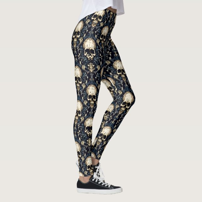 Legging Crânios Góticos e Floral Azul (Direita)