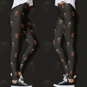 Legging Crânios Góticos e Ravens Padrão Preto do Halloween