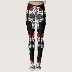 Legging Crânios Humanos Decorados da Flor Thunder_Cove Bla