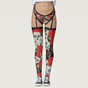 Legging Crânios & lingerie dos rosas (franceses cortados)