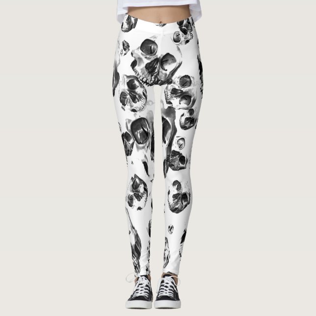 Legging Cránios Preto e Branco Padrão de Arte de Caveira (Frente)