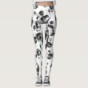 Legging Crânios Preto e Branco Padrão de Arte de Caveira E