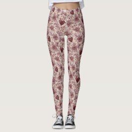 Legging Cream Burgundy Red Hearts Flowers