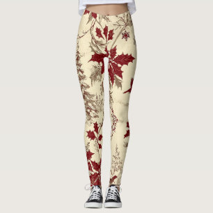 Legging Creme Antigo Natal Floral de Azevinho Aves de Inve