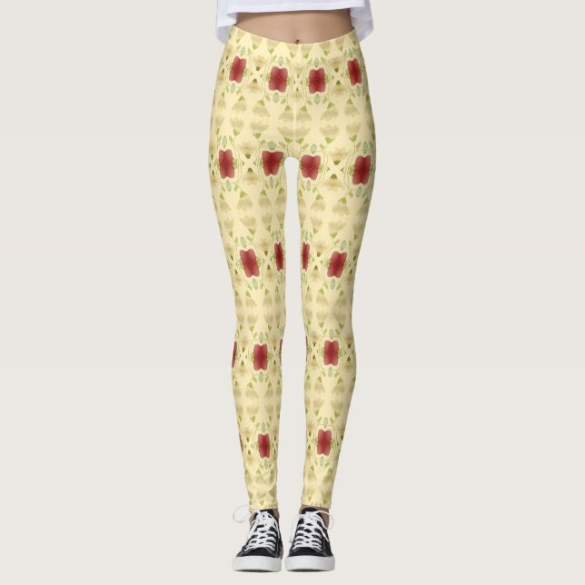 Legging Creme Com Borgonha Floral (Frente)