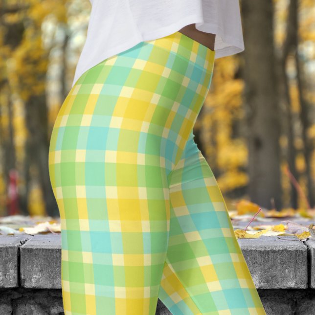 Legging Creme de primavera e Padrão de Verificação Verde (Spring Cream and Green Check Pattern Leggings)