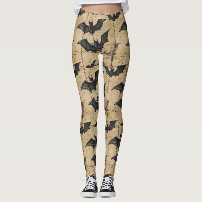 Legging Creme Patchwork de Denim com Morcegos (Frente)