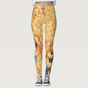 Legging crisântemos japoneses: padrão floral amarelo.