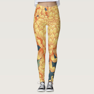 Legging crisântemos japoneses: padrão floral amarelo.