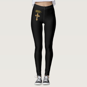 Legging Cruz cristã Dourado do divertimento com provérbio