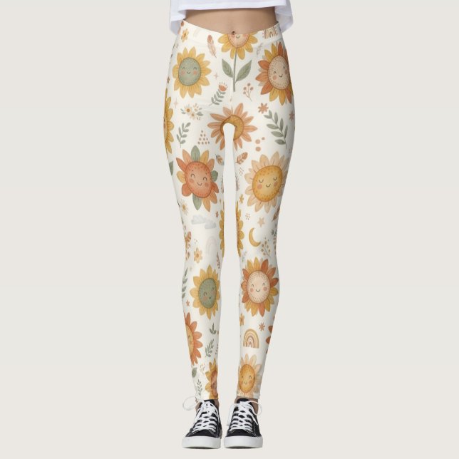 Legging Cute Boho Girassol Sol & Arco-íris Feminino Casual (Frente)