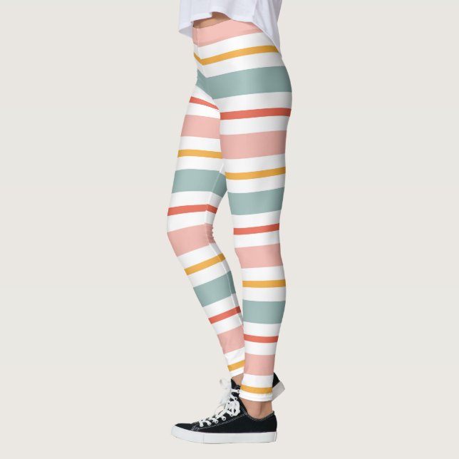 Legging Cute Pastel Horizontal Stripes Boho Pink Teal Yell (Esquerda)