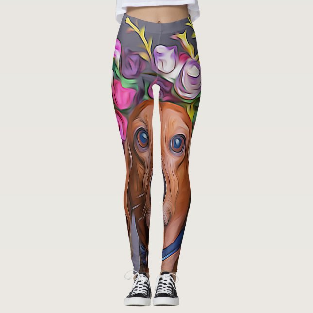 Legging Dachshund Fechar As Flores De Dachshund Vestindo (Frente)