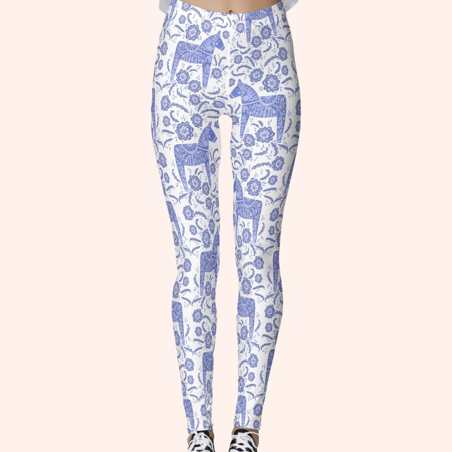 Legging Dala Horse — Indigo Sueco e Padrão Branco (Swedish Dala Horse blue and white pattern leggings)
