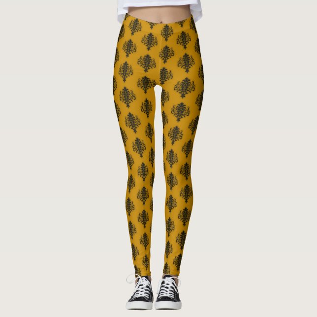 Legging Damasco preto no padrão amarelo da mostarda (Frente)
