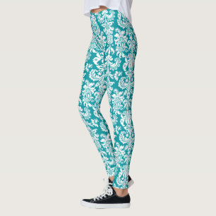 Legging Damascos Florais Branco e Azul Turquesa