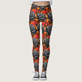 Legging Dark Black Roses With White Outlines 