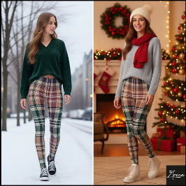 Legging Dark Earthy Green Tan Tartan Plaid