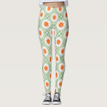 Legging de Padrão Floral Verde e Laranja Vibrante