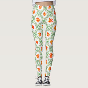 Legging de Padrão Floral Verde e Laranja Vibrante