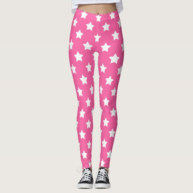Legging Decoração de padrão das estrelas brancas cor-de-ro (Frente)