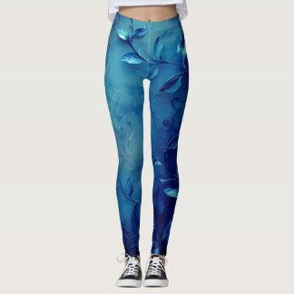 Legging Deep Blue Decorative Leaves