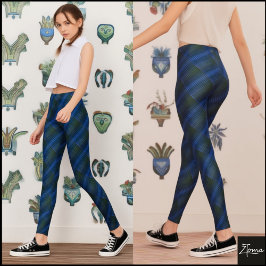 Legging Deep Blue Green Diagonal Textured Plaid