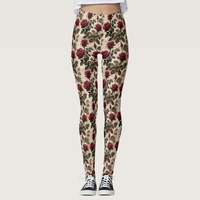Legging Deep Red Roses With Dark Green Leaves (Frente)