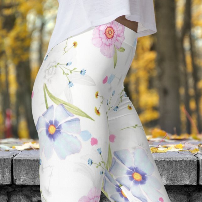 Legging Delicioso Primavera branco Blooms Floral Impressão (Spring Blooms on White)